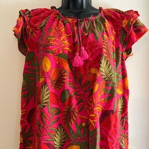 Fuchsia Floral Blouse XL Short Sleeve Ruffle Sleeve 100% Rayon Lightweight Top